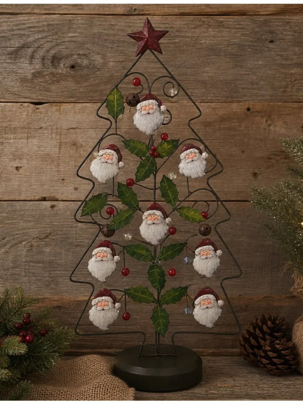 Rustic Tabletop Wire Metal Christmas Tree Farmhouse Santa & Holly Decor 21